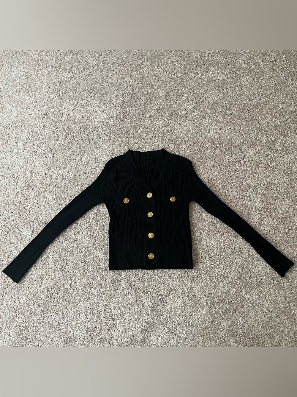 Black cardigan with gold buttons